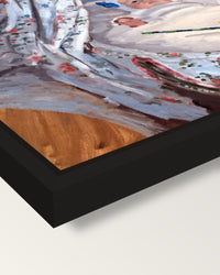 The Cradle by Claude Monet framed canvas, corner close-up: a black floating frame with a shadow gap round the canvas