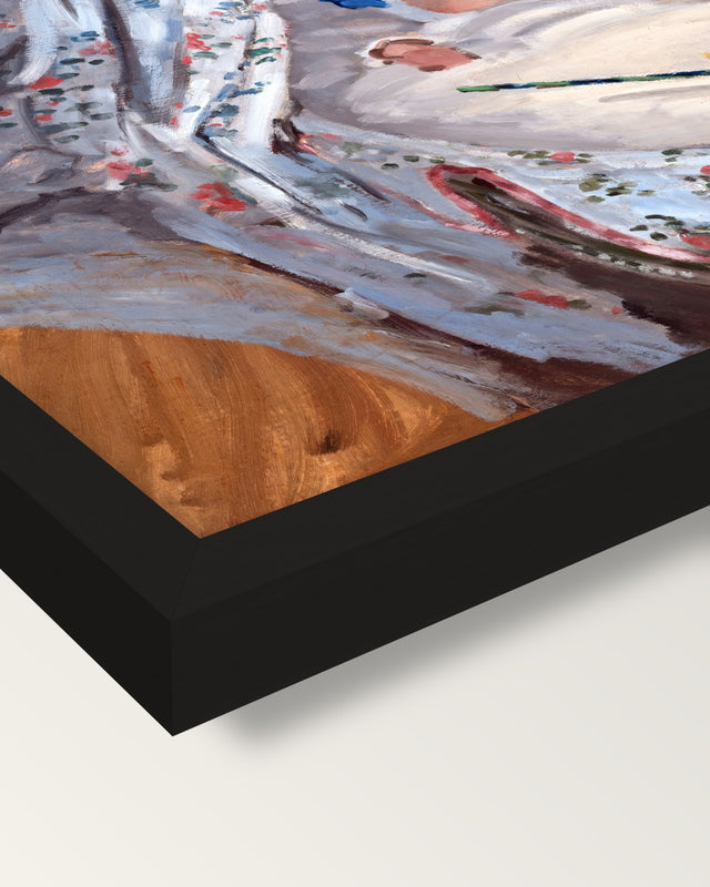 The Cradle by Claude Monet framed print, corner close-up: black moulding, mitred, the print set just below its edge
