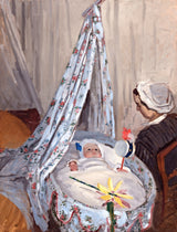 The Cradle by Claude Monet: a young woman sitting beside a white-draped cradle where a baby sleeps