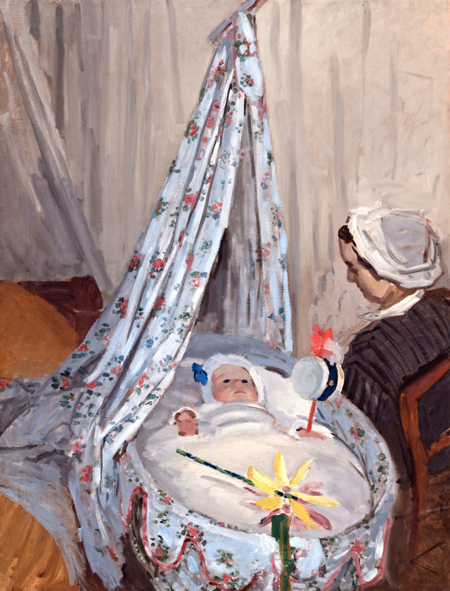 The Cradle by Claude Monet: a young woman sitting beside a white-draped cradle where a baby sleeps
