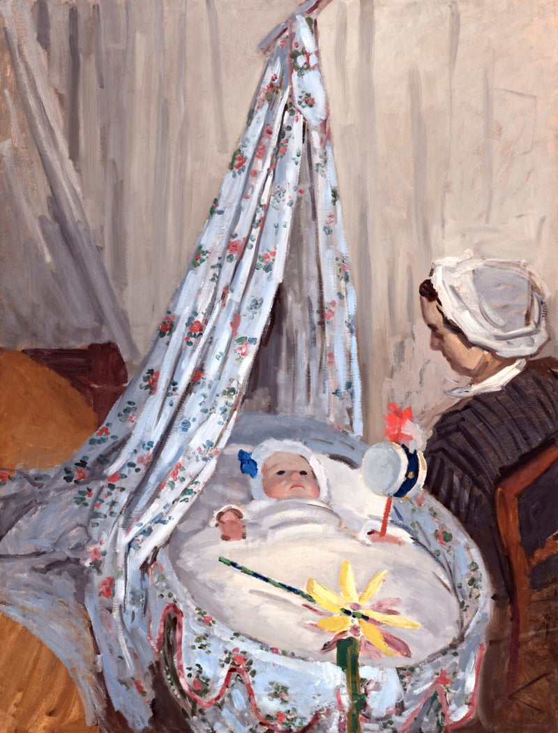 The Cradle by Claude Monet: a young woman sitting beside a white-draped cradle where a baby sleeps
