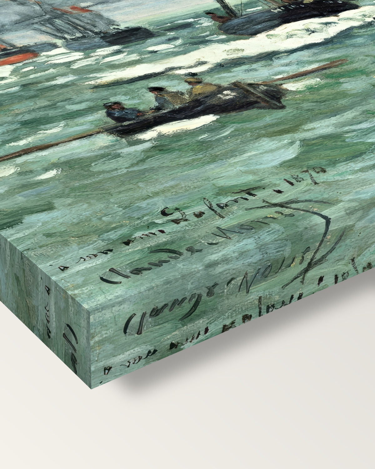 Port of Le Havre Entrance by Claude Monet on stretched canvas, corner close-up: the painting mirror-wrapped round the sides