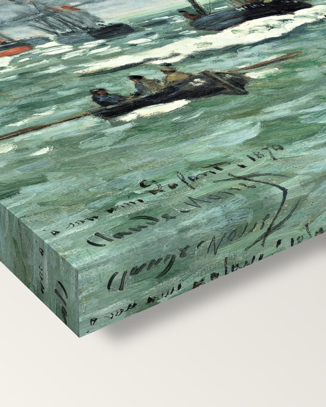Port of Le Havre Entrance by Claude Monet on stretched canvas, corner close-up: the painting mirror-wrapped round the sides