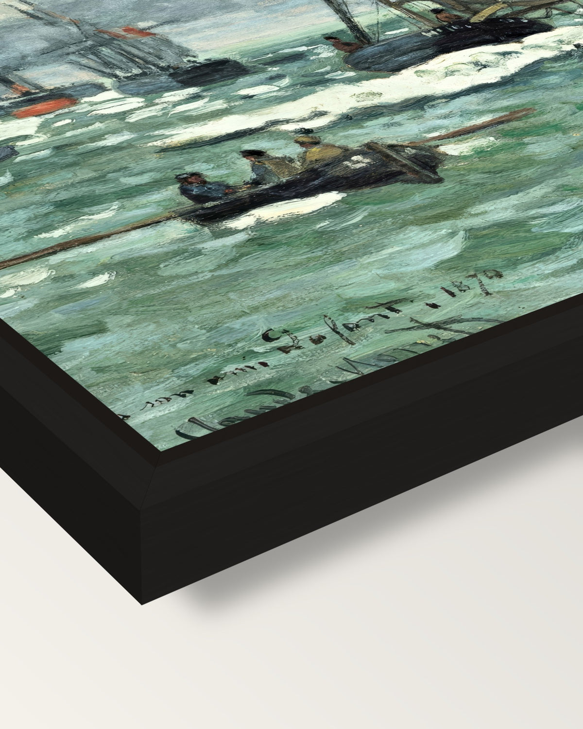 Port of Le Havre Entrance by Monet framed canvas, corner close-up: a black floating frame with a shadow gap round the canvas