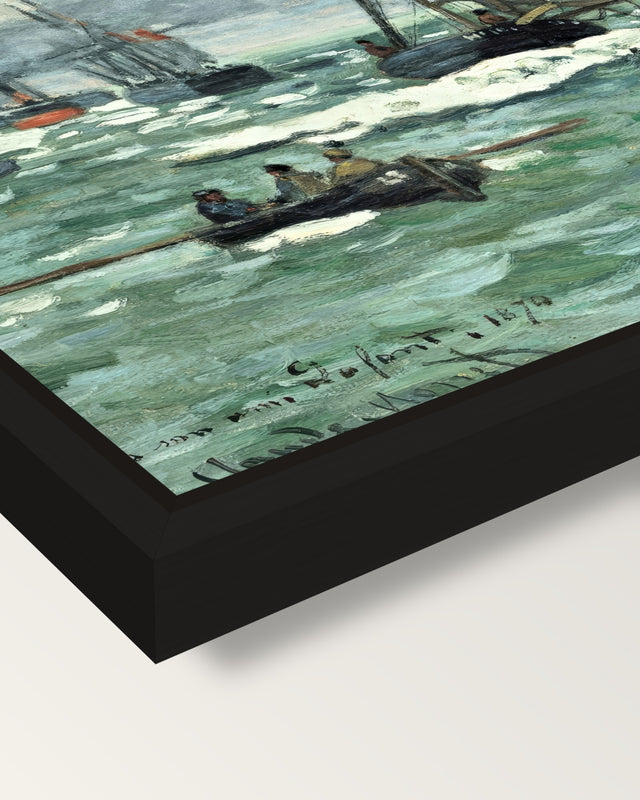 Port of Le Havre Entrance by Monet framed canvas, corner close-up: a black floating frame with a shadow gap round the canvas
