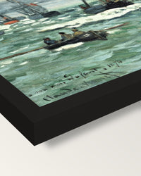 Port of Le Havre Entrance by Monet framed print, corner close-up: black moulding, mitred, the print set just below its edge