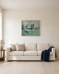 Port of Le Havre Entrance by Claude Monet framed in natural oak above a cream sofa in a warm living room