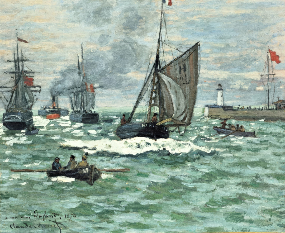 The Entrance to the Port of Le Havre by Claude Monet: sail and steam boats in a choppy green sea, a lighthouse at right