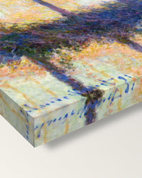 The Four Trees by Claude Monet on stretched canvas, corner close-up: the painting mirror-wrapped round the sides
