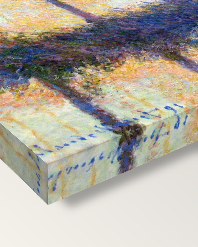 The Four Trees by Claude Monet on stretched canvas, corner close-up: the painting mirror-wrapped round the sides