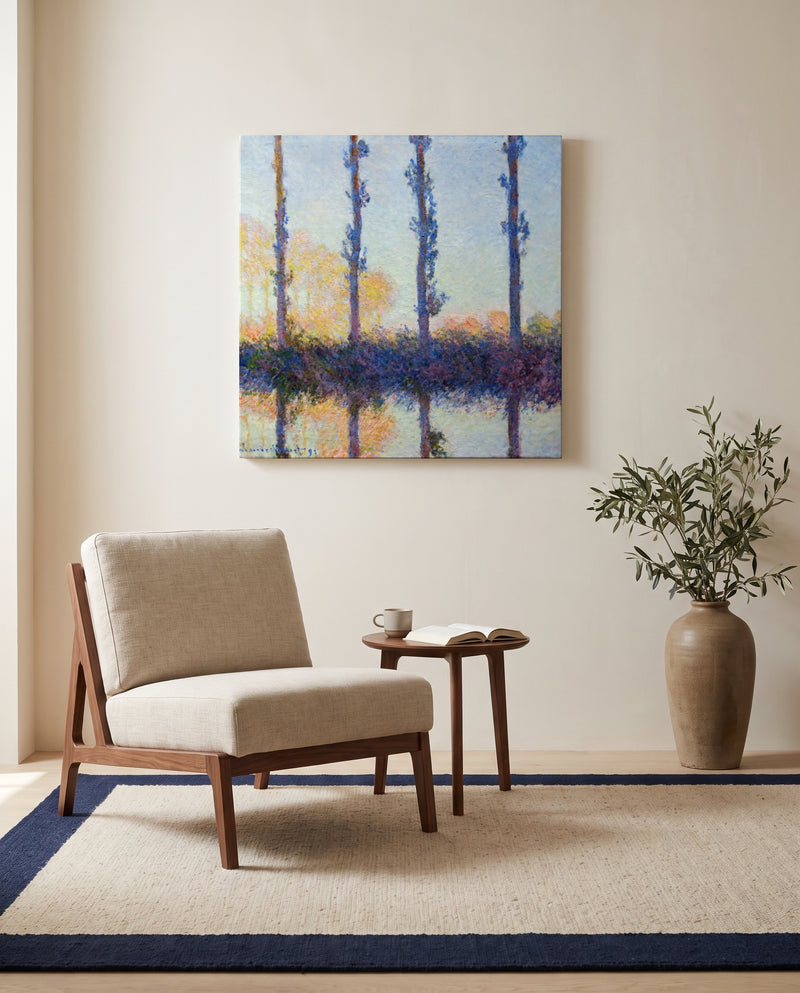 The Four Trees by Claude Monet as a stretched canvas above a linen lounge chair in a reading corner