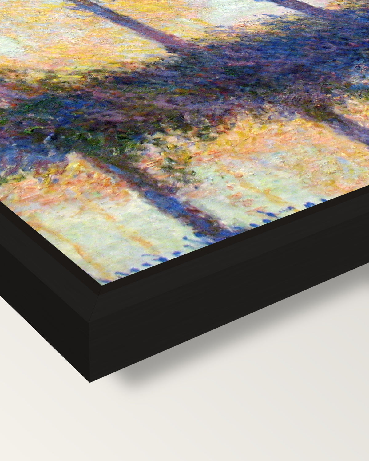 The Four Trees by Claude Monet framed canvas, corner close-up: a black floating frame with a shadow gap round the canvas