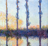The Four Trees by Claude Monet: four tall thin poplars and a row of autumn trees reflected in still water under a pale sky