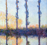 The Four Trees by Claude Monet: four tall thin poplars and a row of autumn trees reflected in still water under a pale sky