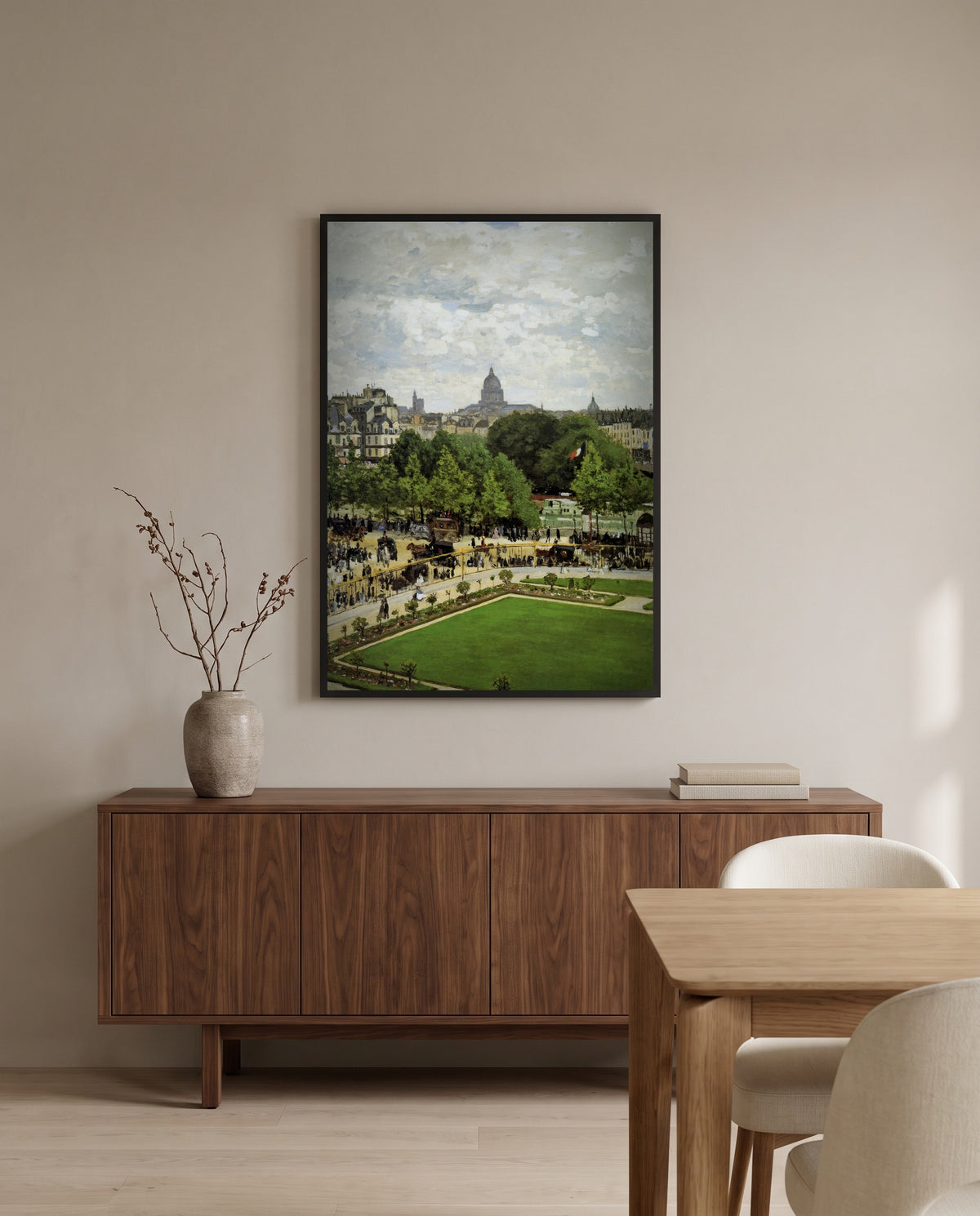 Garden of the Princess by Claude Monet in a black frame above a walnut sideboard in a dining room