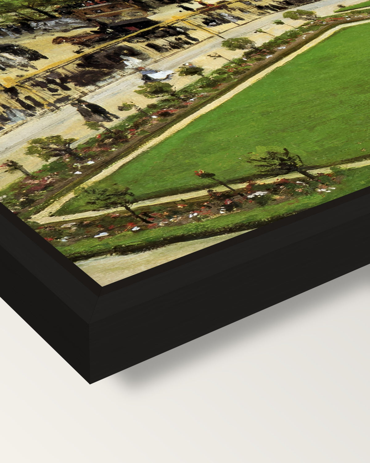 Garden of the Princess by Monet framed canvas, corner close-up: a black floating frame with a shadow gap round the canvas