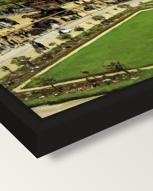Garden of the Princess by Monet framed canvas, corner close-up: a black floating frame with a shadow gap round the canvas