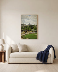 Garden of the Princess by Claude Monet framed in natural oak above a cream sofa in a warm living room
