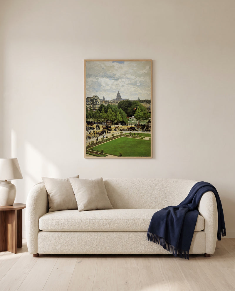 Garden of the Princess by Claude Monet framed in natural oak above a cream sofa in a warm living room