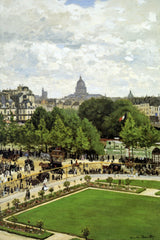 Garden of the Princess by Claude Monet: Paris seen from above, a green lawn and trees, a busy quay and a domed skyline