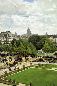 Garden of the Princess by Claude Monet: Paris seen from above, a green lawn and trees, a busy quay and a domed skyline