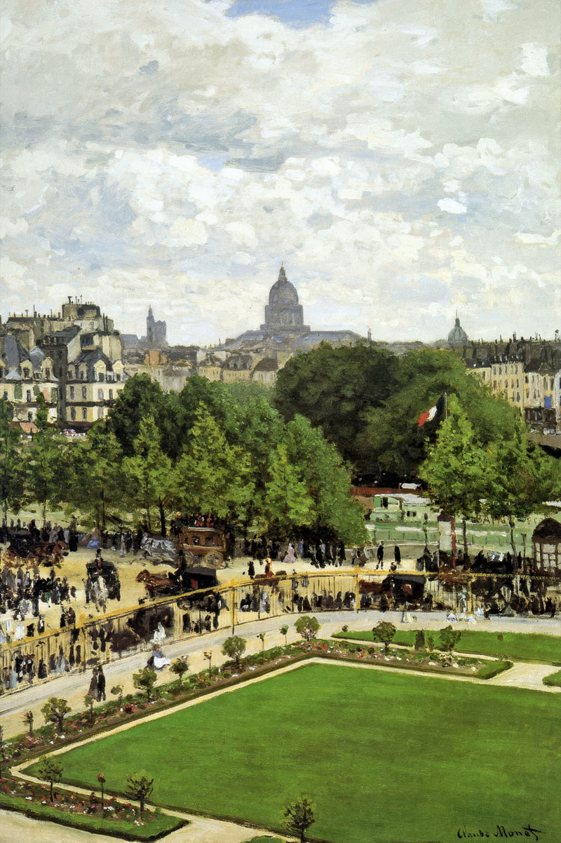 Garden of the Princess by Claude Monet: Paris seen from above, a green lawn and trees, a busy quay and a domed skyline