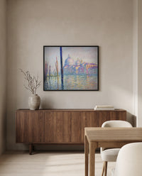 The Grand Canal, Venice by Claude Monet in a black frame above a walnut sideboard in a dining room