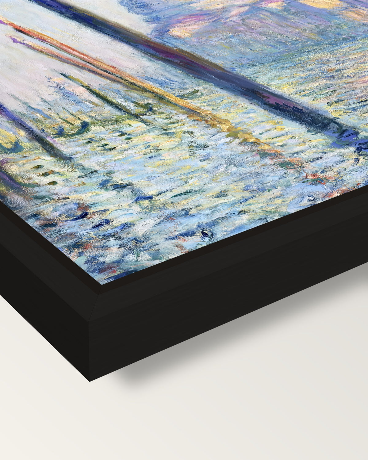 The Grand Canal, Venice by Monet framed canvas, corner close-up: a black floating frame with a shadow gap round the canvas