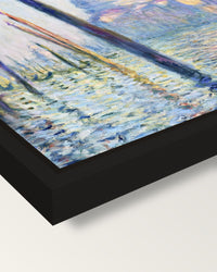 The Grand Canal, Venice by Monet framed canvas, corner close-up: a black floating frame with a shadow gap round the canvas