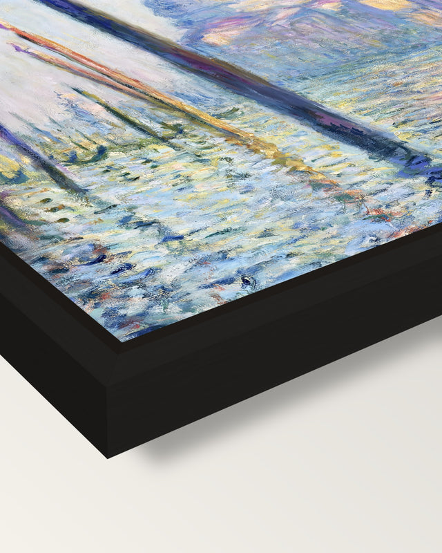 The Grand Canal, Venice by Monet framed canvas, corner close-up: a black floating frame with a shadow gap round the canvas