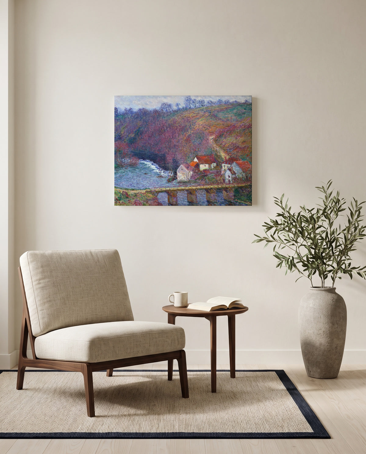 Grande Creuse at Vervy by Claude Monet as a stretched canvas above a linen lounge chair in a reading corner
