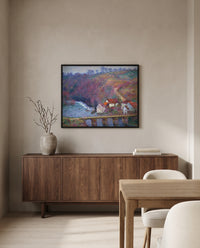 Grande Creuse at Vervy by Claude Monet in a black frame above a walnut sideboard in a dining room