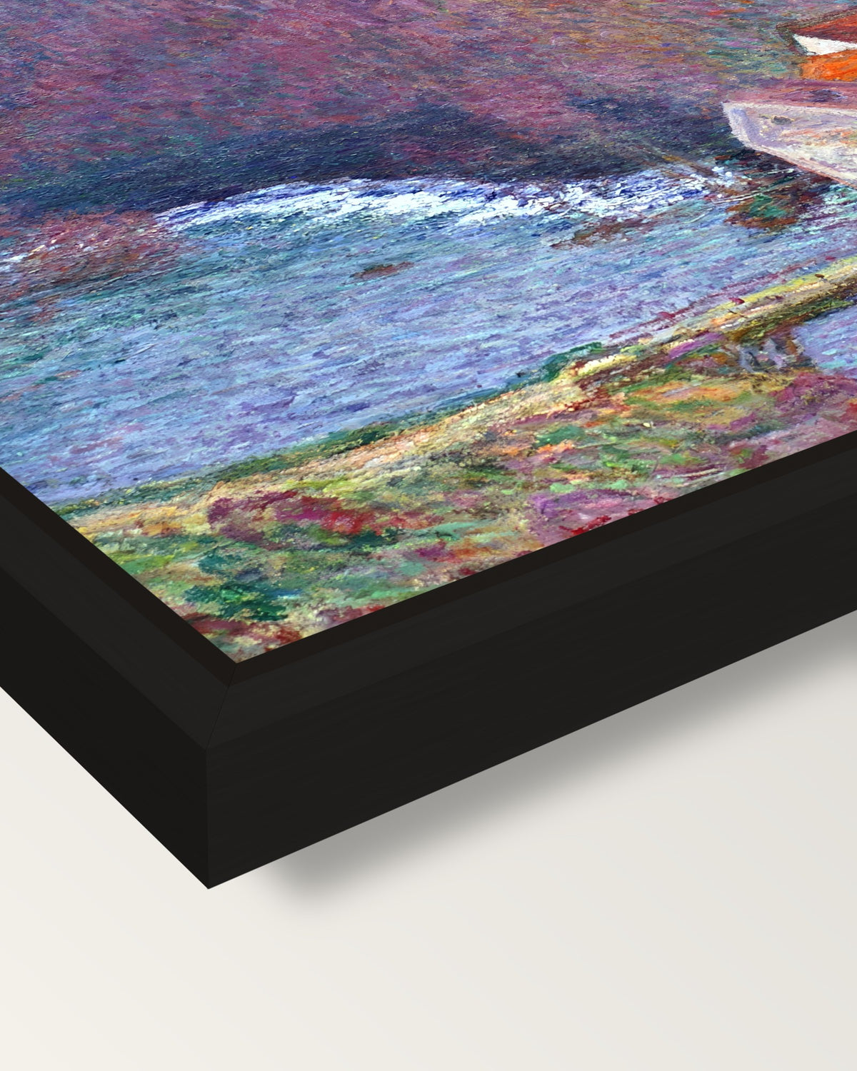 Grande Creuse at Vervy by Monet framed canvas, corner close-up: a black floating frame with a shadow gap round the canvas