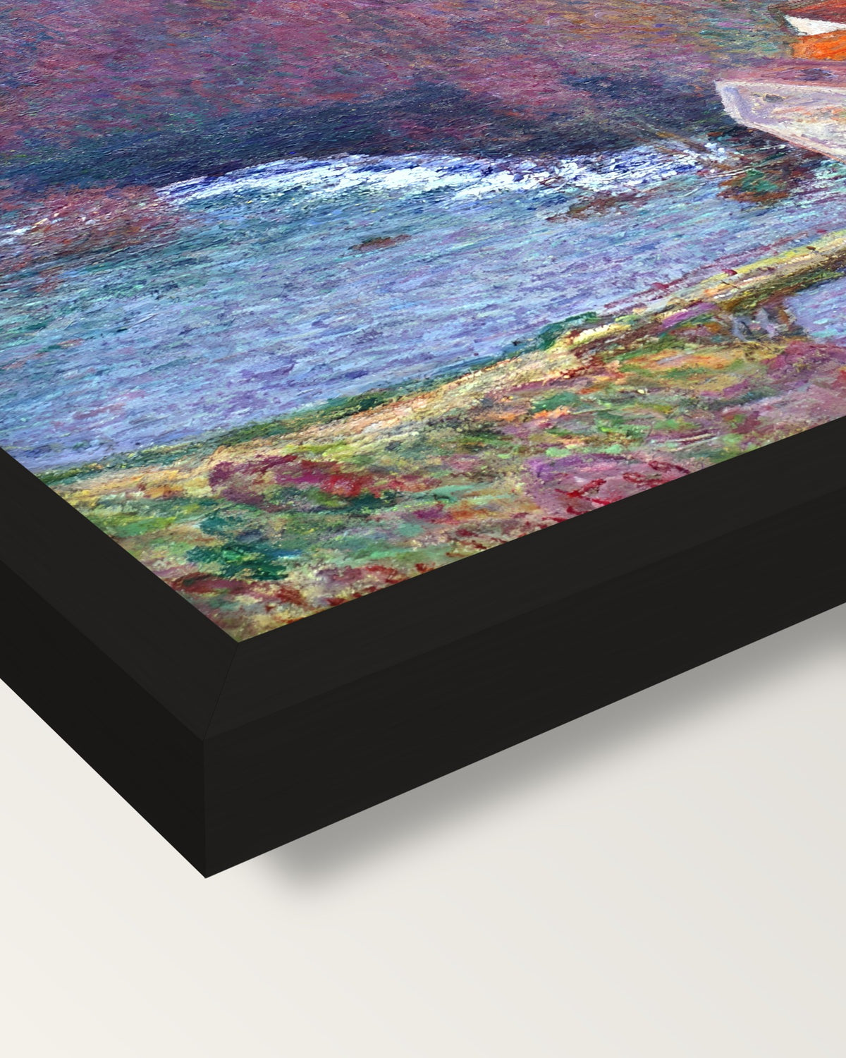 Grande Creuse at Vervy by Monet framed print, corner close-up: black moulding, mitred, the print set just below its edge