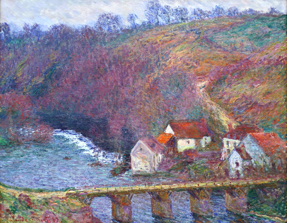 The Grande Creuse at Pont de Vervy by Claude Monet: a river under a stone bridge, steep-roofed houses and a reddish hillside