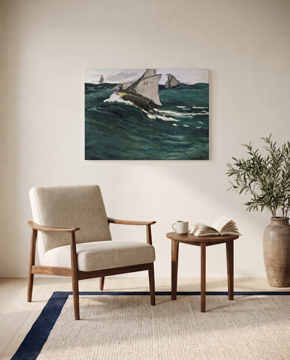 The Green Wave by Claude Monet as a stretched canvas above a linen lounge chair in a reading corner