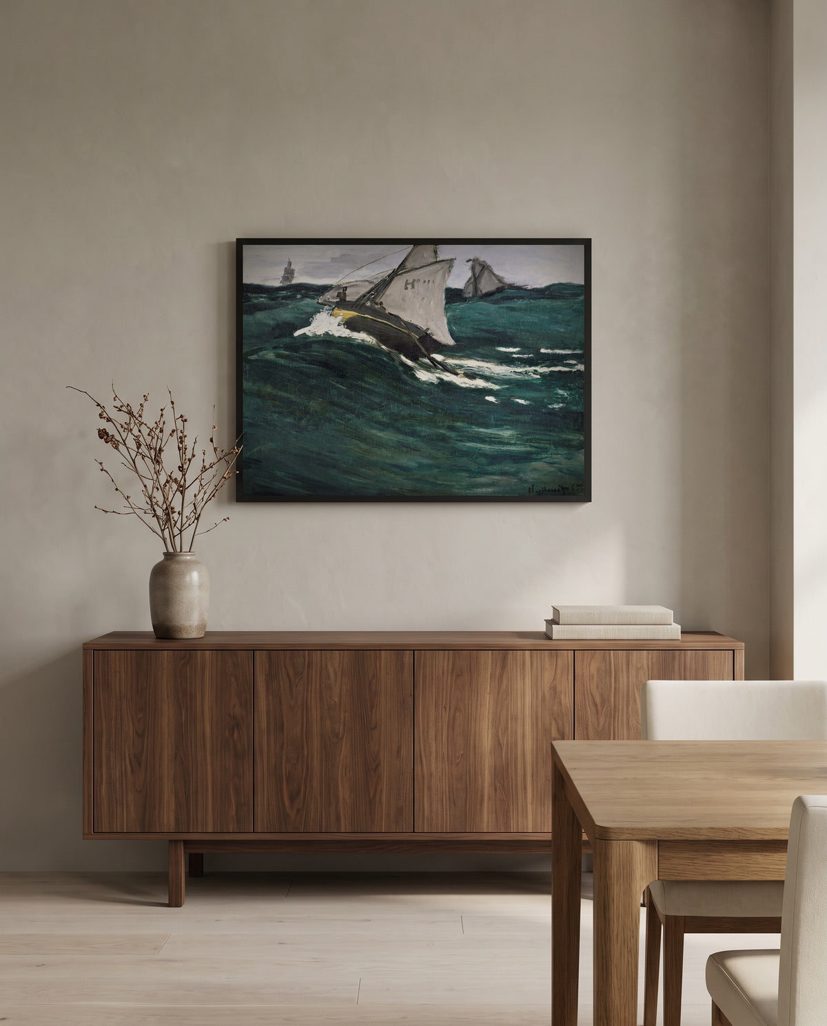 The Green Wave by Claude Monet in a black frame above a walnut sideboard in a dining room