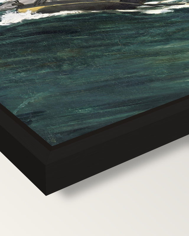 The Green Wave by Claude Monet framed canvas, corner close-up: a black floating frame with a shadow gap round the canvas