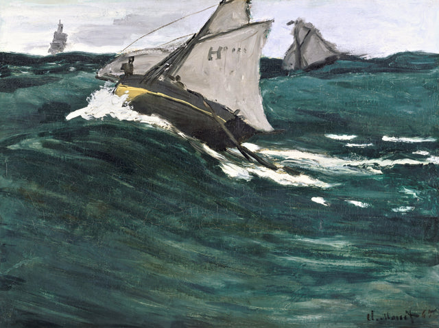 The Green Wave by Claude Monet: a sailing boat leaning in a rough dark green sea with white crests under a grey sky