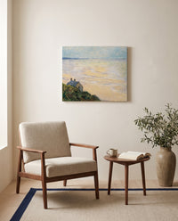 Hut at Trouville by Claude Monet as a stretched canvas above a linen lounge chair in a reading corner