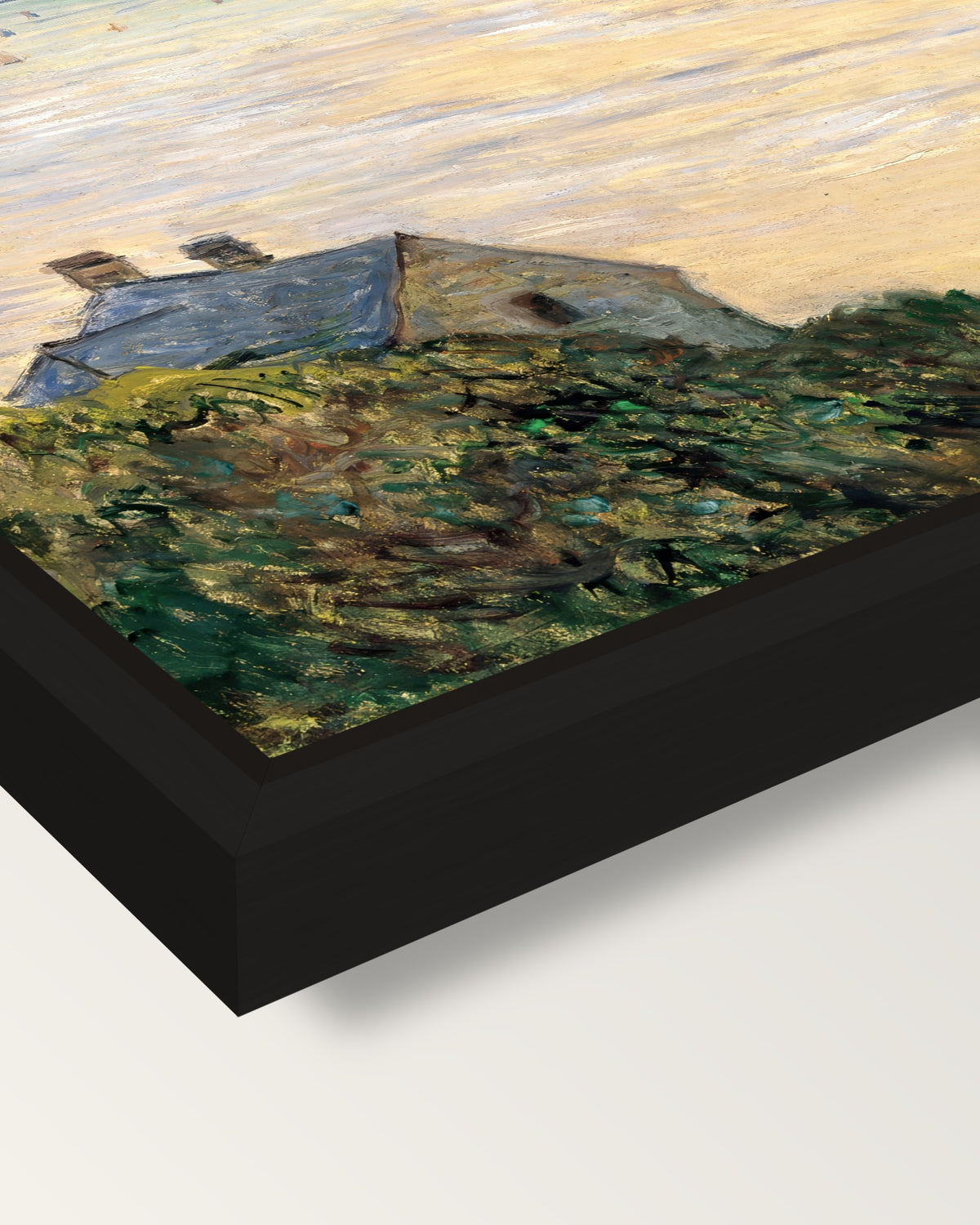 Hut at Trouville by Claude Monet framed canvas, corner close-up: a black floating frame with a shadow gap round the canvas
