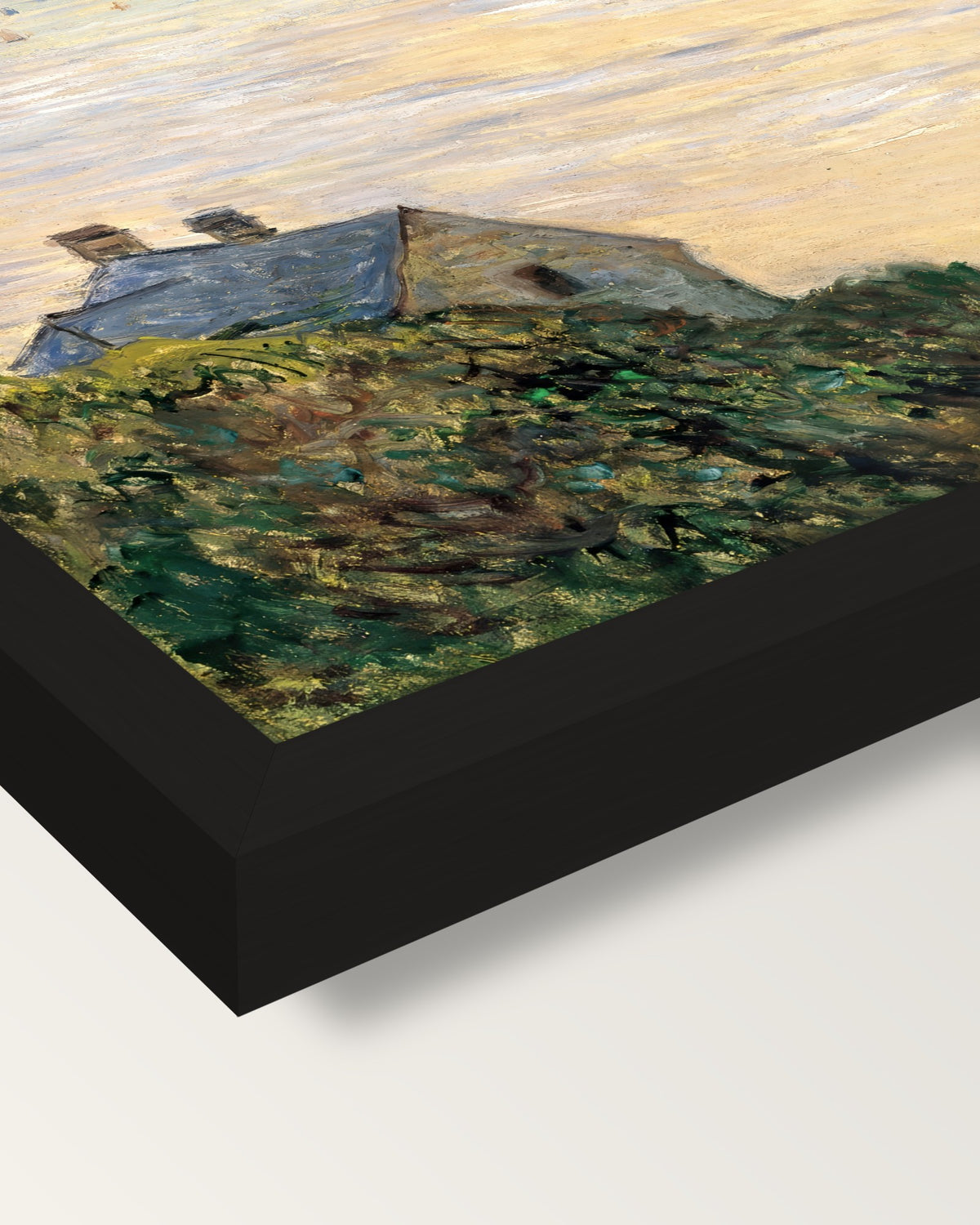 Hut at Trouville by Claude Monet framed print, corner close-up: black moulding, mitred, the print set just below its edge