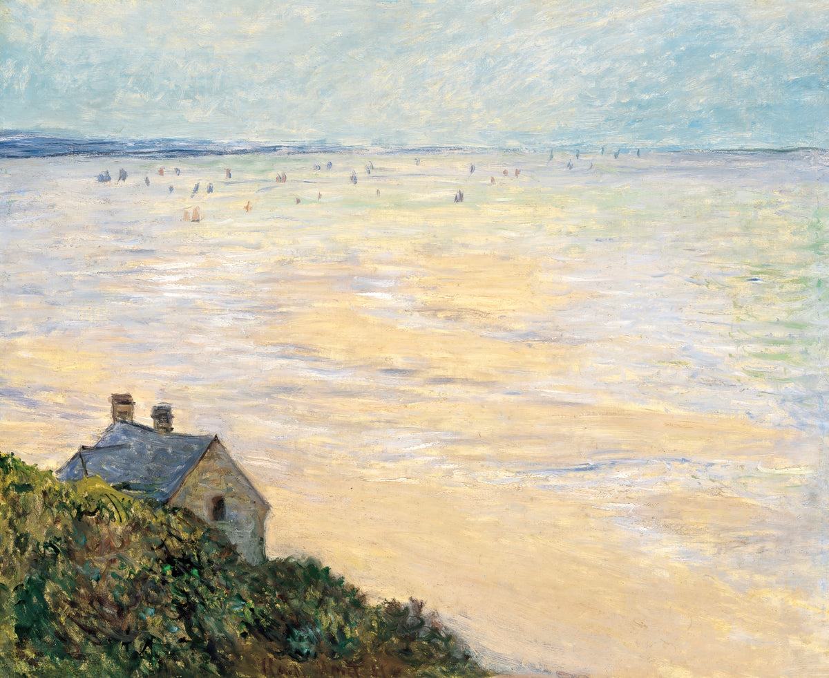 The Hut at Trouville by Claude Monet: a small house on a green clifftop above a wide pale beach and calm sea at low tide