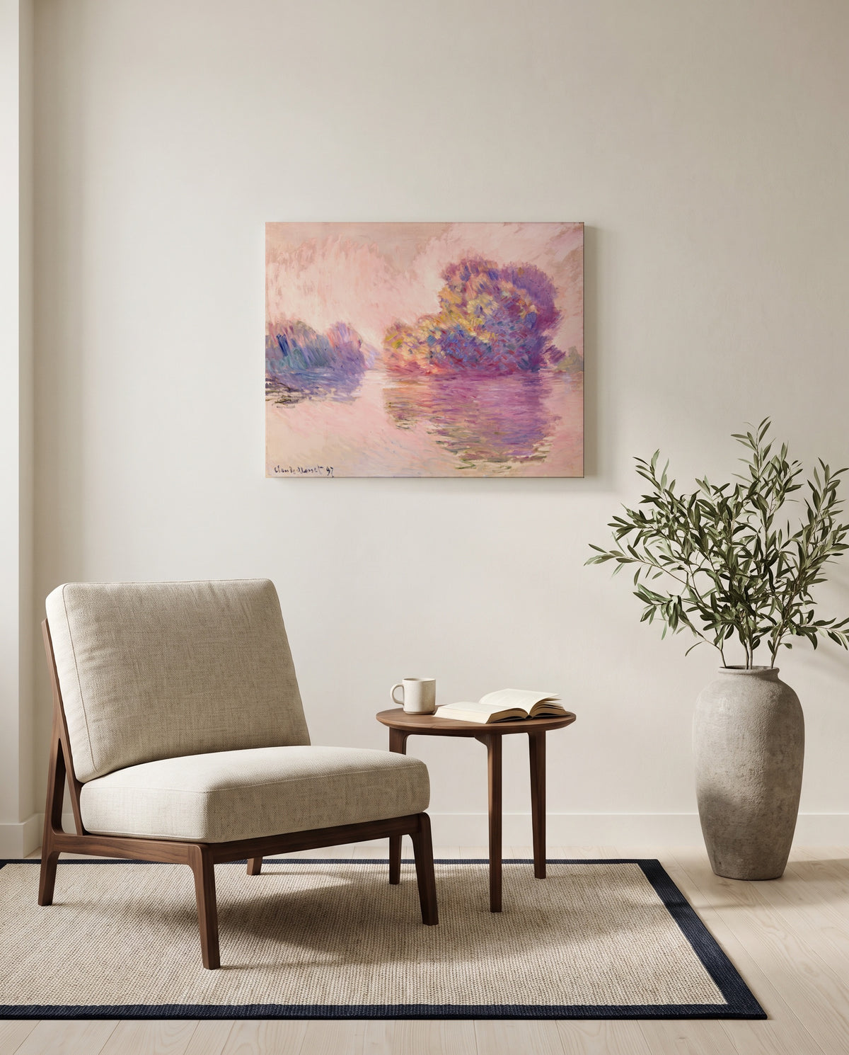 Islets at Port-Villez by Claude Monet as a stretched canvas above a linen lounge chair in a reading corner