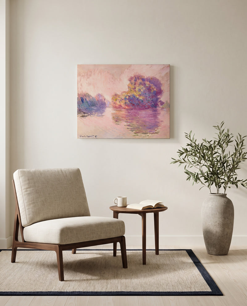 Islets at Port-Villez by Claude Monet as a stretched canvas above a linen lounge chair in a reading corner