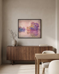 Islets at Port-Villez by Claude Monet in a black frame above a walnut sideboard in a dining room