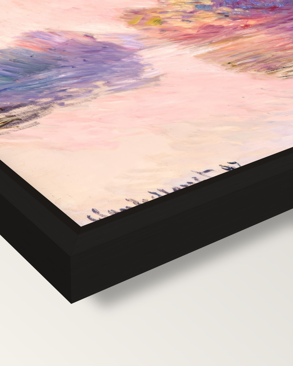 Islets at Port-Villez by Monet framed canvas, corner close-up: a black floating frame with a shadow gap round the canvas