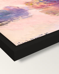 Islets at Port-Villez by Monet framed canvas, corner close-up: a black floating frame with a shadow gap round the canvas