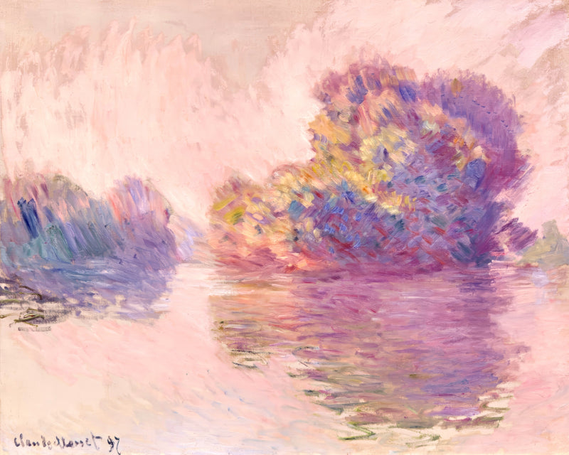 The Islets at Port-Villez by Claude Monet: soft wooded islands and their reflections in a pale, misty river