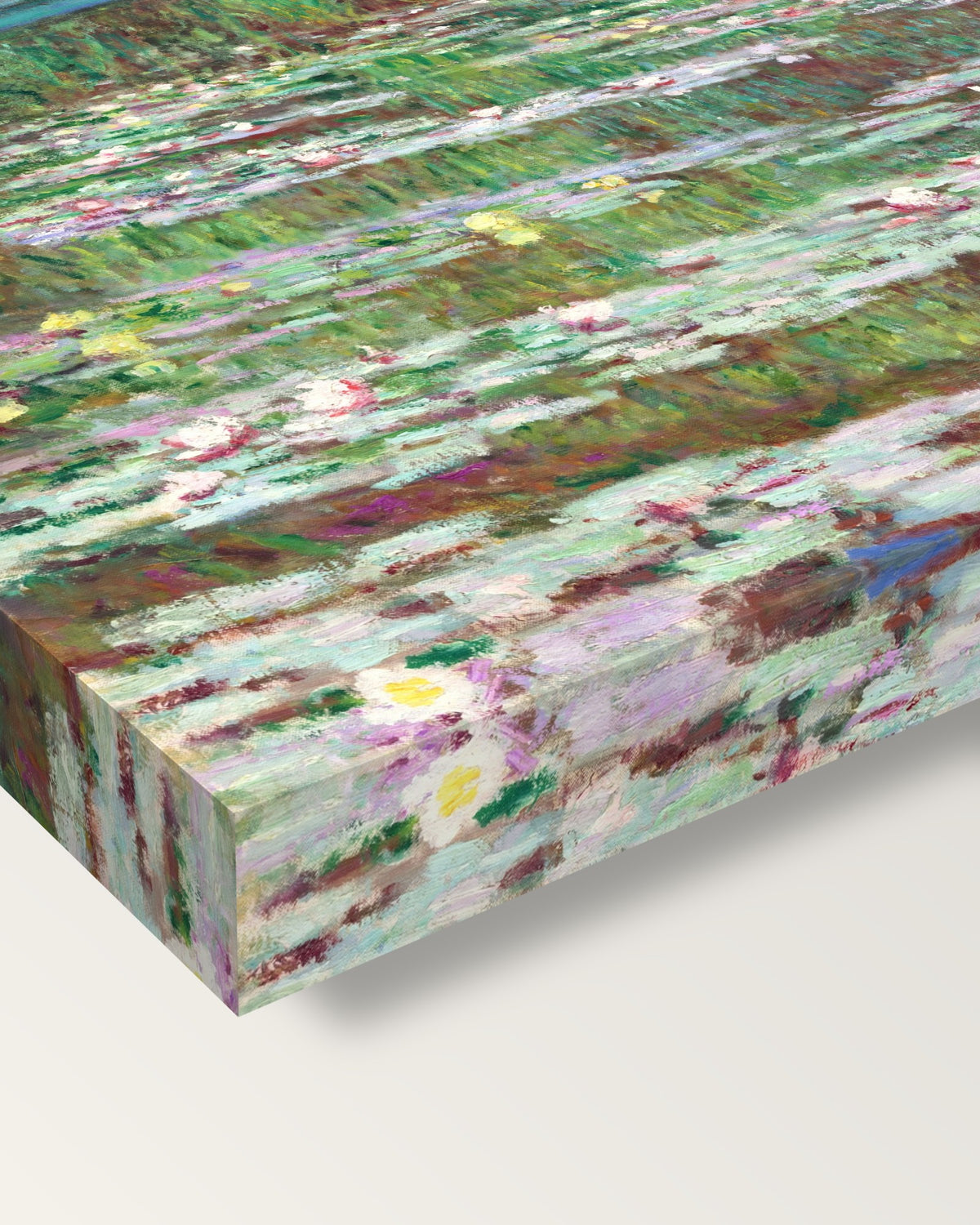 The Japanese Footbridge by Claude Monet on stretched canvas, corner close-up: the painting mirror-wrapped round the sides